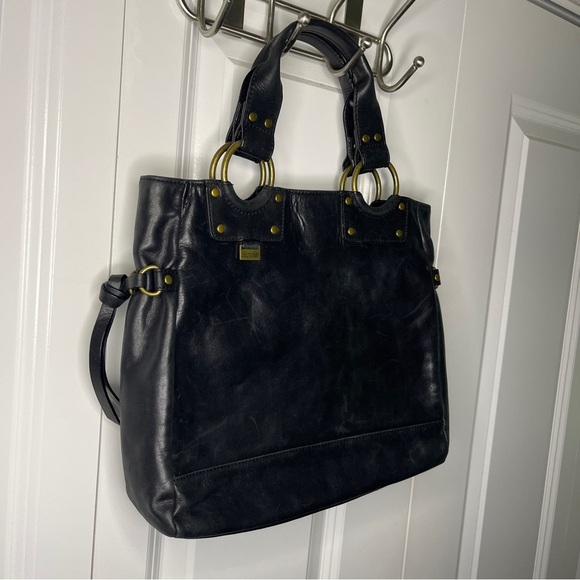 Vintage Kenneth Cole Reaction Black Leather Bag Brass Hardware Purse Tote Retro - Picture 3 of 14